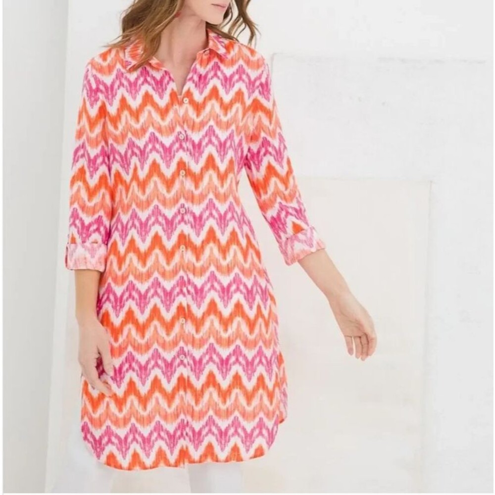 Chicos No-Iron Shirt Dress Maxi Shirt 100% Linen Pink Orange Size 3 US Size 16